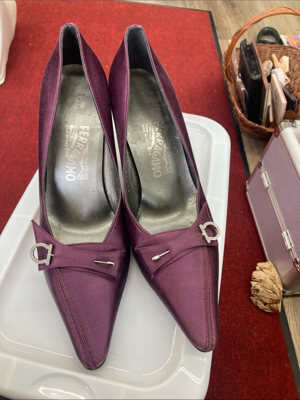 Salvatore Ferragamo Deep Plum Pointed-Toe Satin Pumps with Gancini Accent